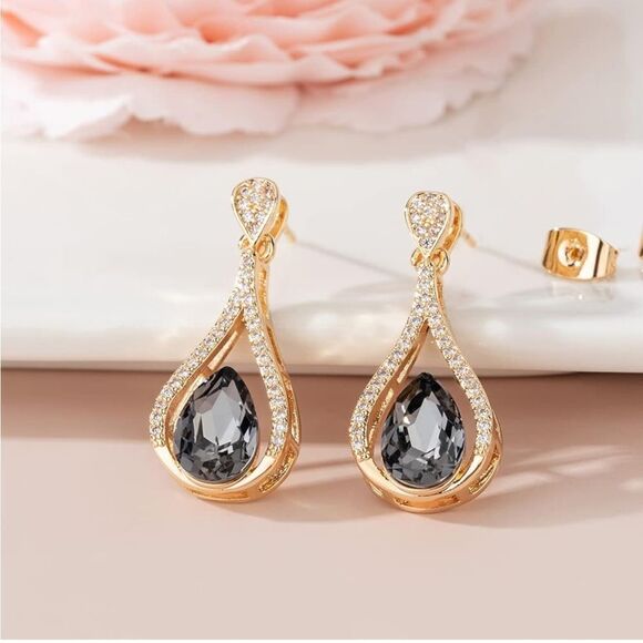 14K Yellow Gold with Charcoal Gray Austrian Crystal Halo Teardrop Post Earrings - Picture 2 of 5